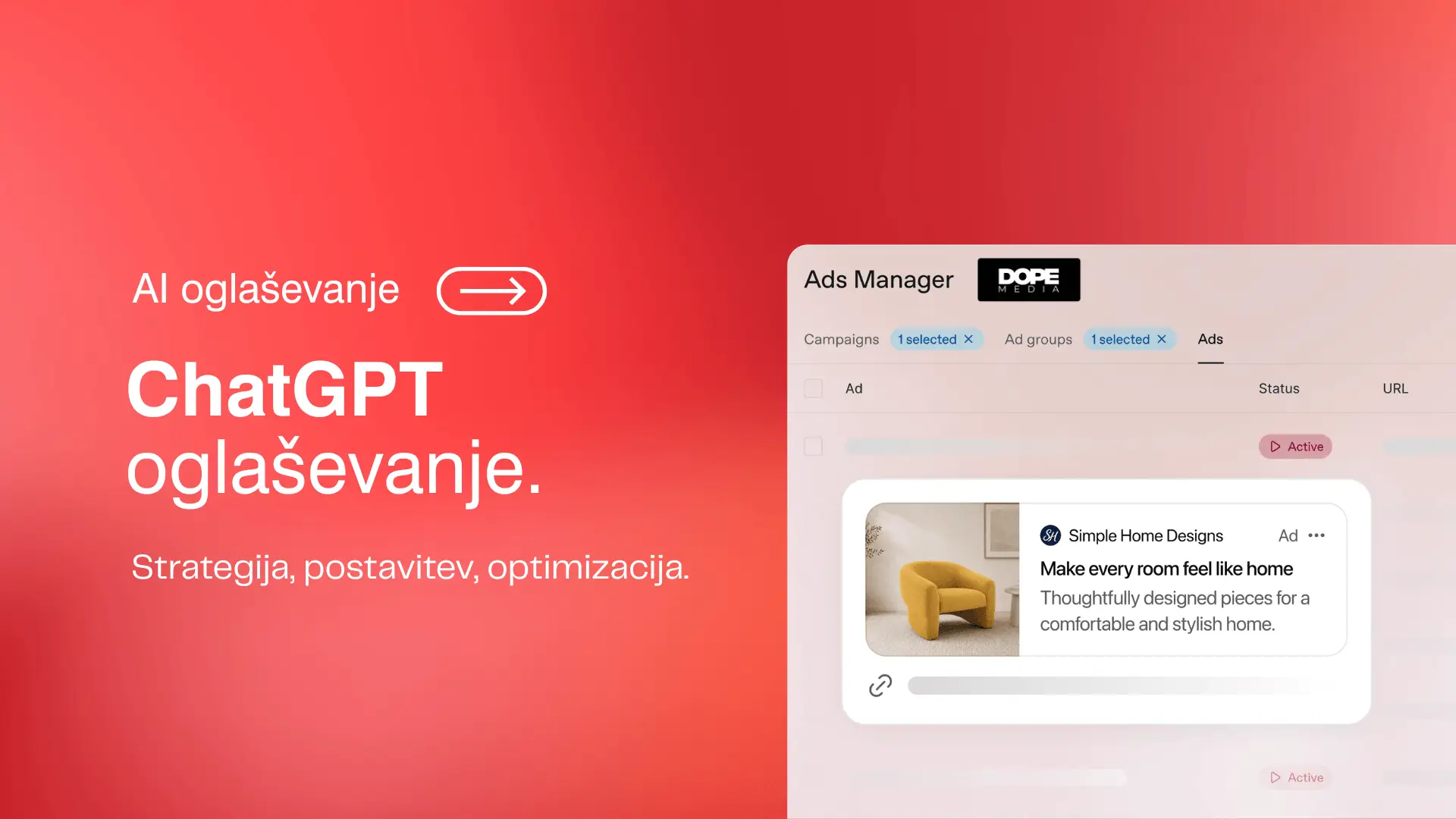 Naslovna grafika vodiča DOPE Media o ChatGPT oglasih v Sloveniji. Predstavlja strategijo, postavitev, ciljanje, merjenje in optimizacijo oglaševalskih kampanj v ChatGPT Ads Managerju.